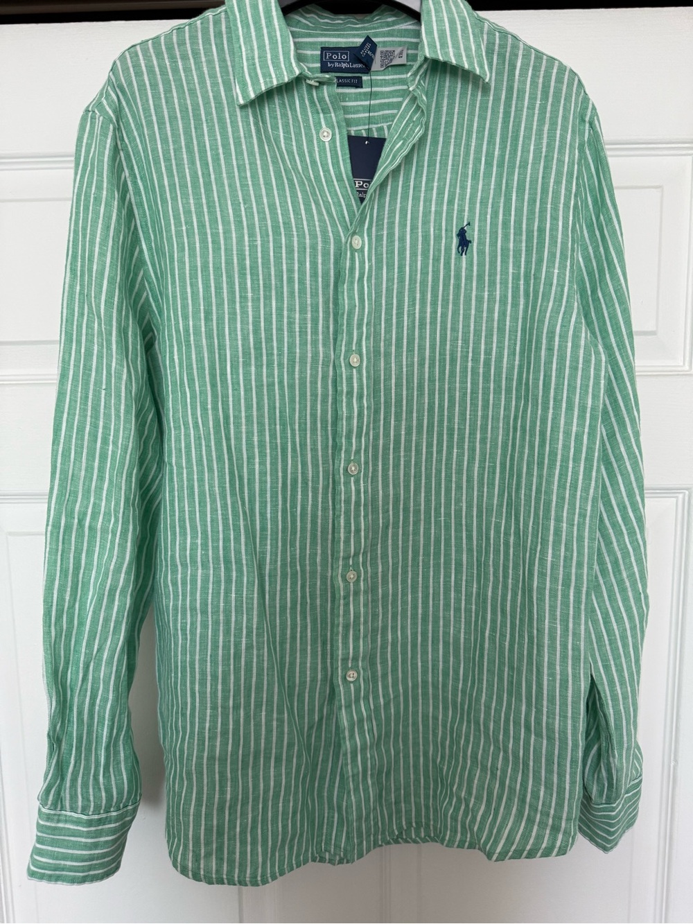 Ralph Lauren Mint Green and White Striped Linen Button-Down Shirt